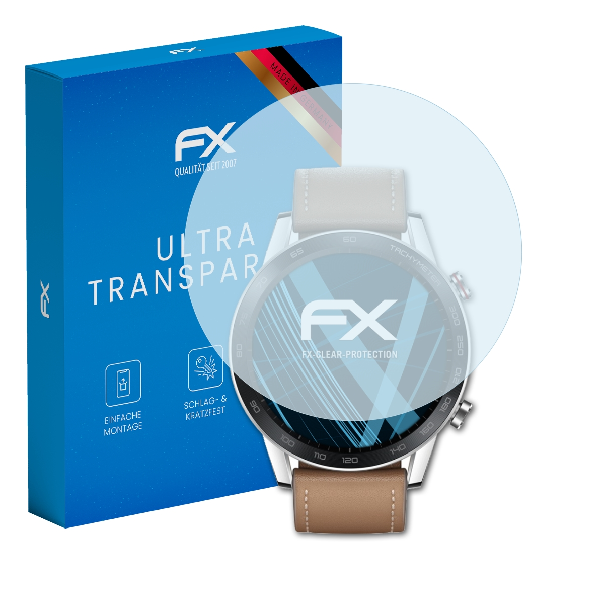 Eine Uhr mit Displayschutz und einer blauen Box. Die Uhr hat ein braunes Armband und einen klaren Schutz.