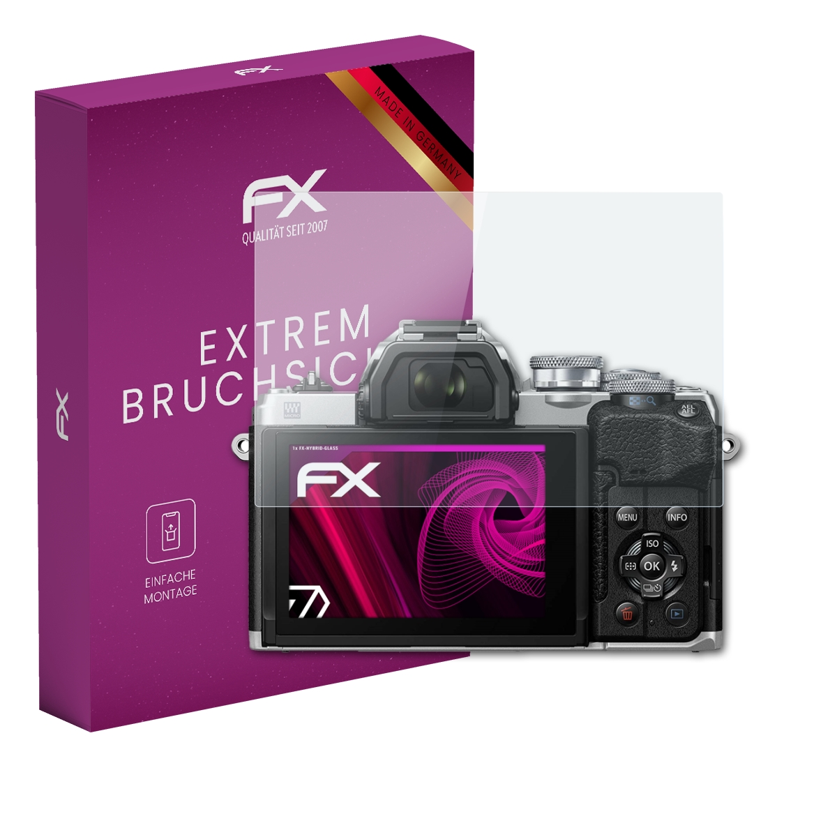 Eine Kamera mit Displayschutzfolie und einer Schachtel mit der Marke FX. Der Bildschirm ist rosa.