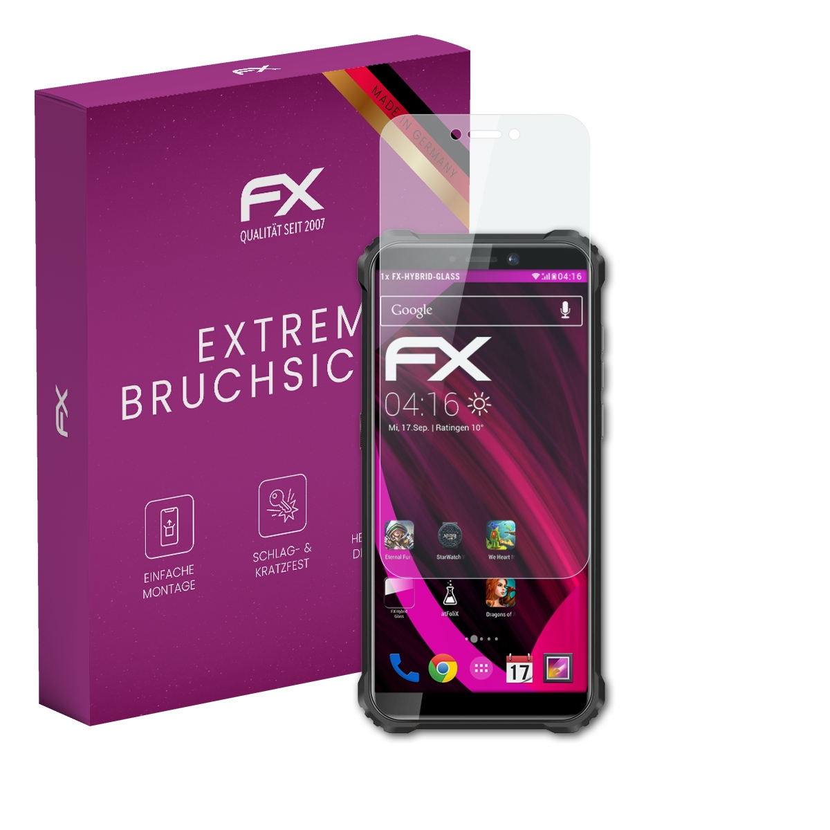 Ein Telefon mit Displayschutzfolie und eine Schachtel mit der Marke FX. Der Bildschirm zeigt Apps und die Uhrzeit.
