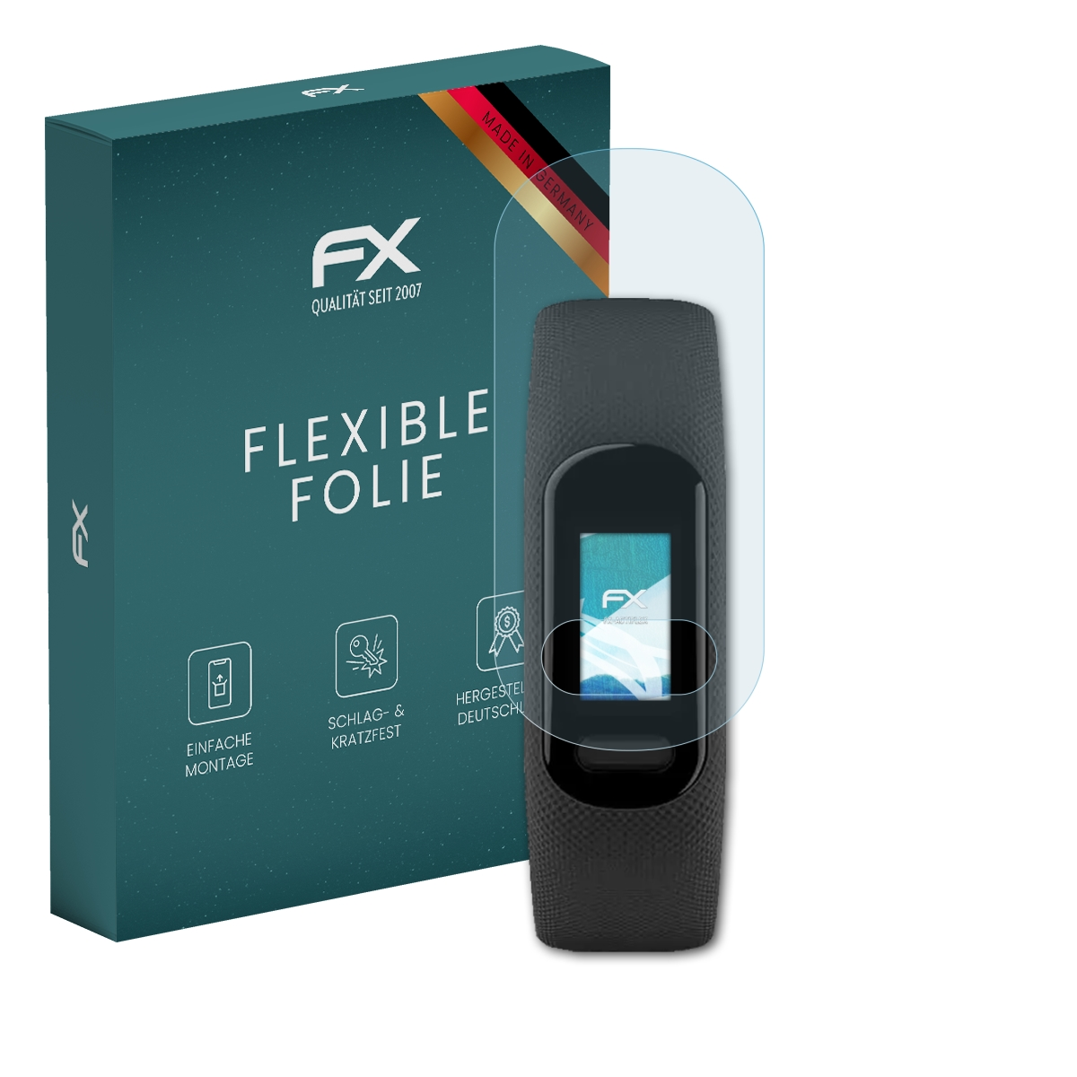 Fitness-Tracker mit Displayschutzfolie. Box mit Details und Logo.