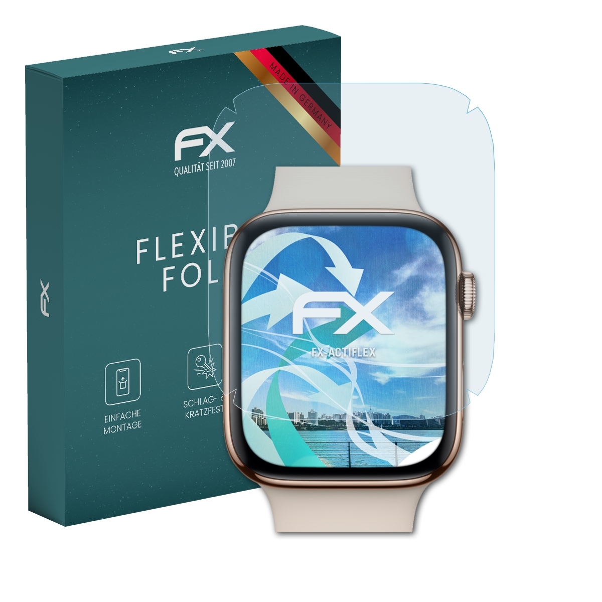 Eine Smartwatch mit Displayschutzfolie und eine Box mit 'FLEXIBEL FOLIE' und 'FX'-Text.
