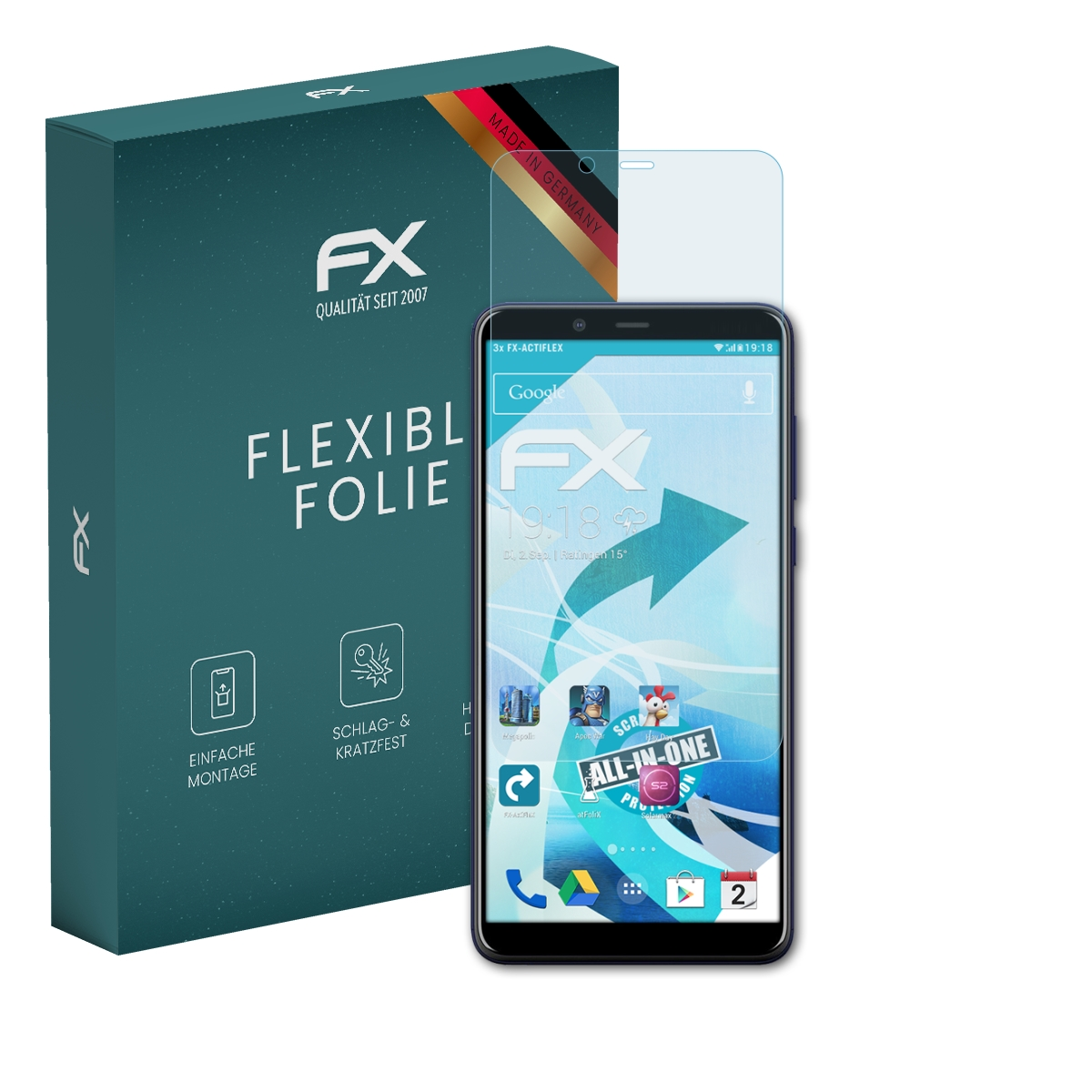 Ein Telefon mit Displayschutzfolie und eine Box mit 'FLEXIBEL FOLIE' und 'FX'-Text.
