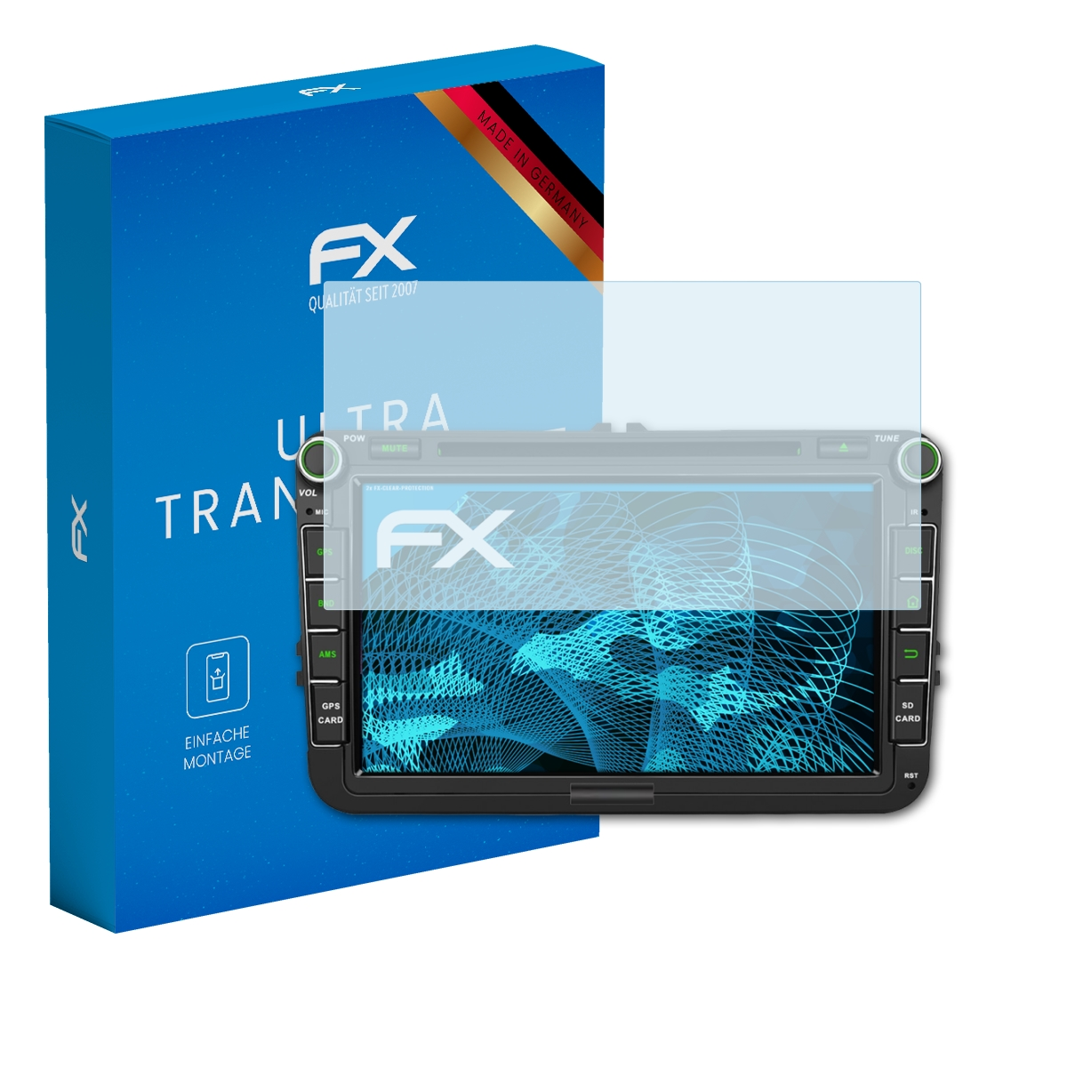 Ein Autoradio mit Displayschutzfolie neben einer blauen Box.