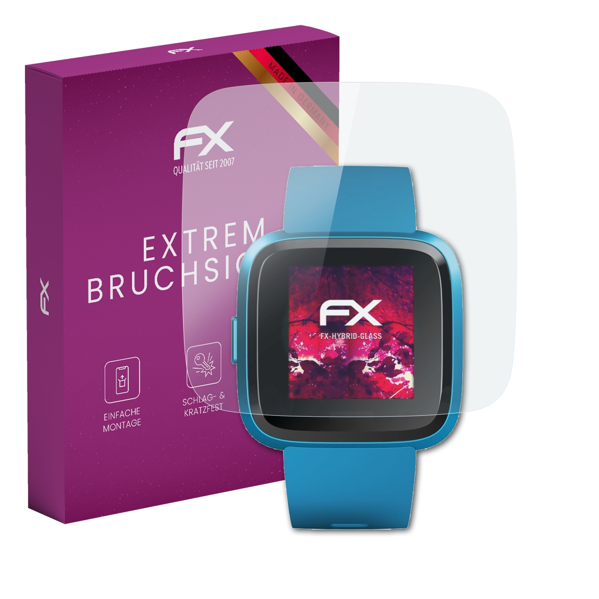 Smartwatch und Displayschutzfolie mit lila Box. Der Schutz ist auf dem Uhrenbildschirm.