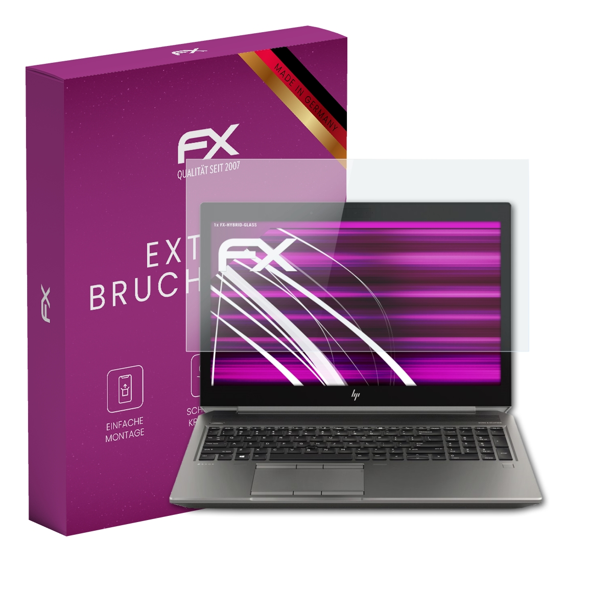 Laptop mit Displayschutzfolie und Box. Schutzfolie mit Logo. Box sagt Extrem Bruchsic, Made in Germany.