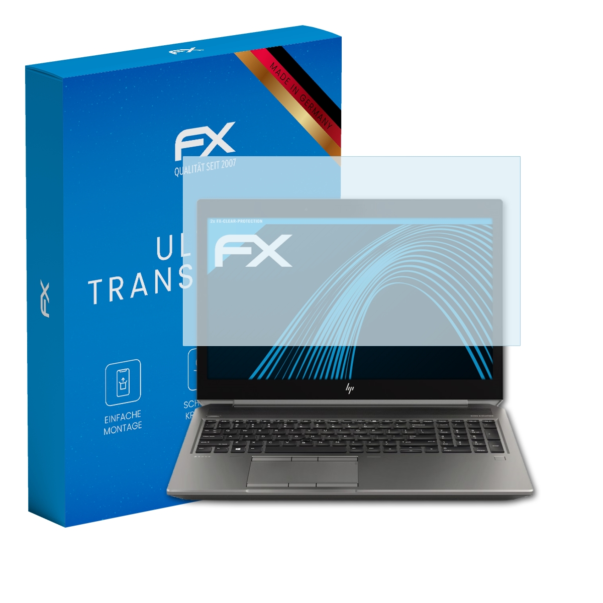 Blaue Box, Laptop mit Displayschutz. Box mit 'FX'-Logo und Produktinfo. Laptop zeigt leeren Bildschirm.