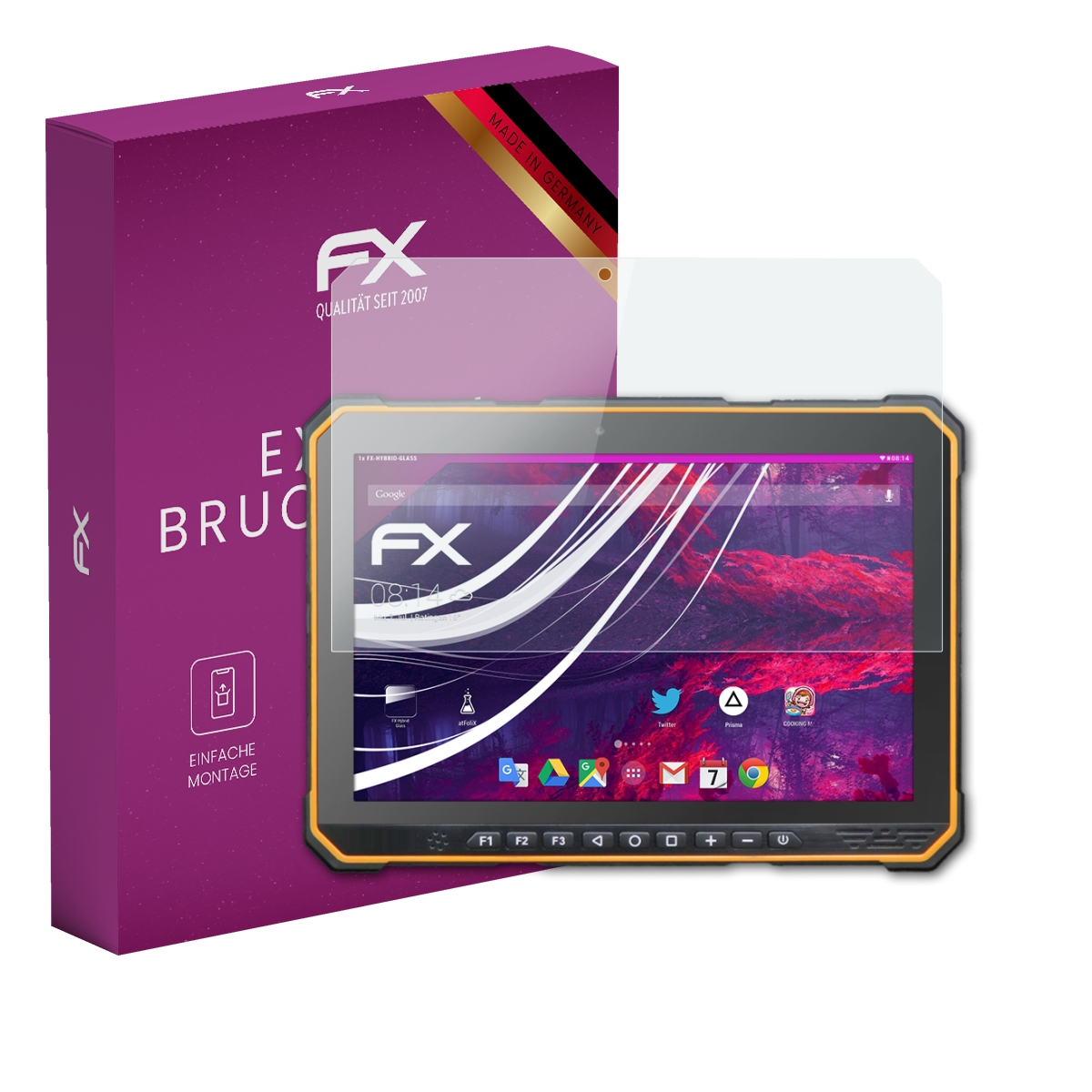 Ein Tablet mit Displayschutz und einer lilafarbenen Box. Der Bildschirm zeigt eine Benutzeroberfläche.