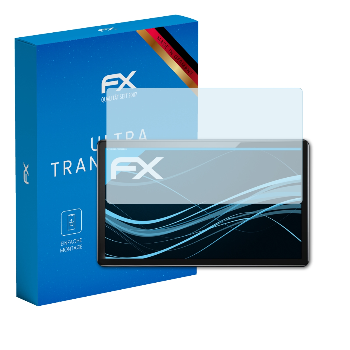 Blaue Box und Tablet mit Displayschutz. Das Tablet hat einen Bildschirm.