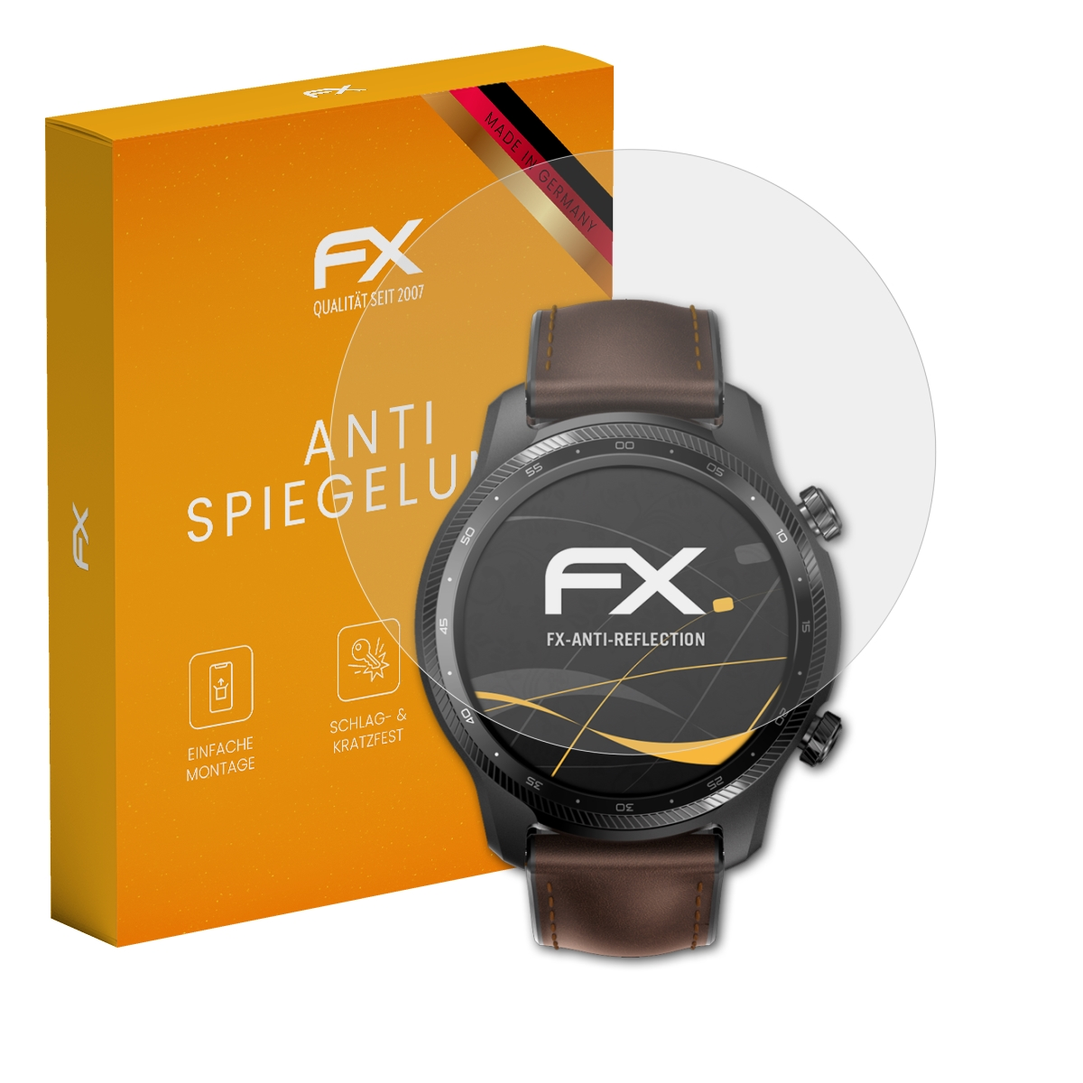 Uhr mit braunem Armband, klarer Displayschutzfolie und orangefarbener Box mit Text.
