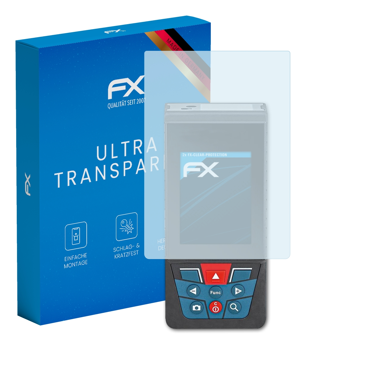 Ein Gerät mit Displayschutz und eine blaue Schachtel mit der Aufschrift 'FX Ultra Transpar'.