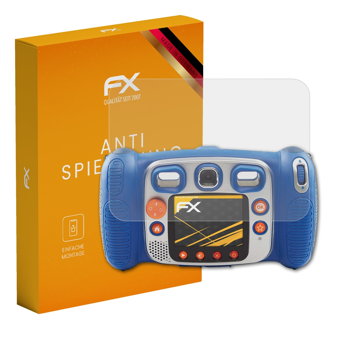 Eine blaue Spielzeugkamera mit Displayschutz und eine orangefarbene Schachtel mit der Aufschrift 'FX Anti Spiegelu'.