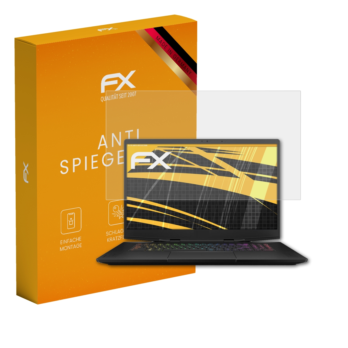 Laptop mit klarer Displayschutzfolie, orangefarbene Box und farbenfrohe Tastatur.