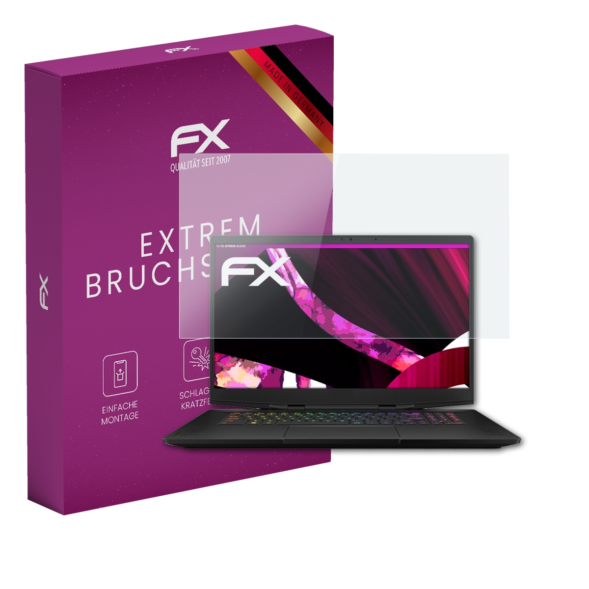 Laptop mit Displayschutzfolie, Schachtel links mit Produktdetails. Made in Germany ist sichtbar.