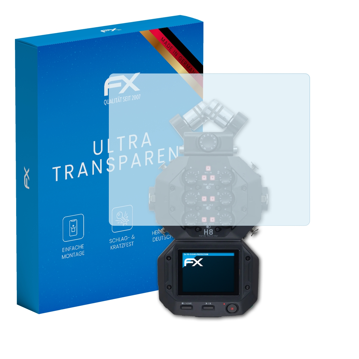 Blaue Box, Audiorecorder und Displayschutz. Der Rekorder ist sichtbar.