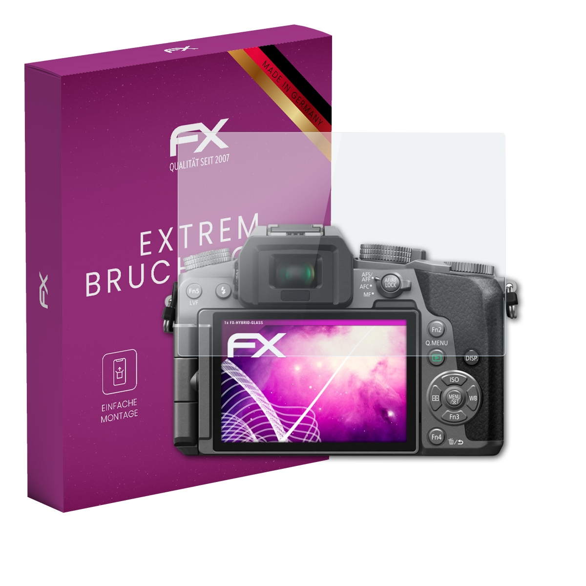Kamera mit Displayschutz und Box. Display zeigt Kamera-Oberfläche. Text auf der Box: Extrem Bruchsicher.