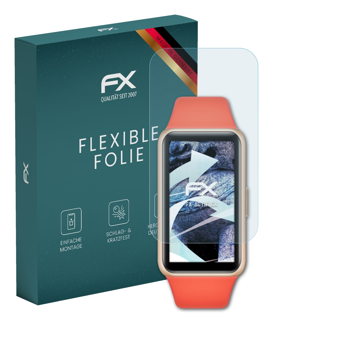 Grüne Box und Smartwatch mit Displayschutz. Box sagt FLEXIBLE FOLIE und FX Logo.