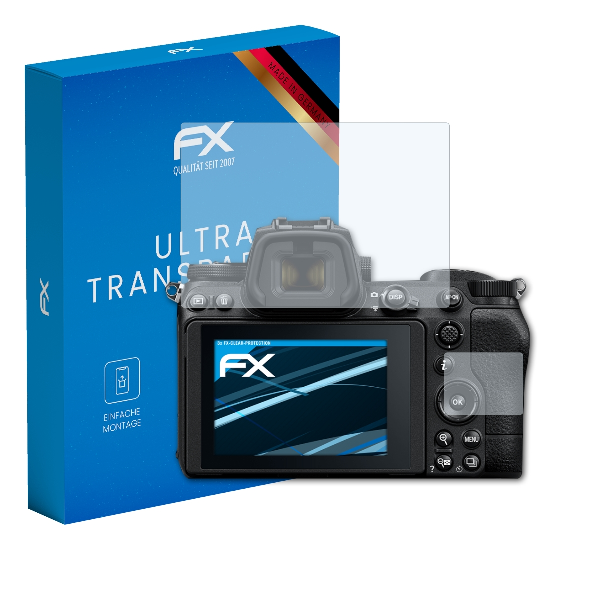 Kamera mit Displayschutz und blauer Box, mit Displayschutz.