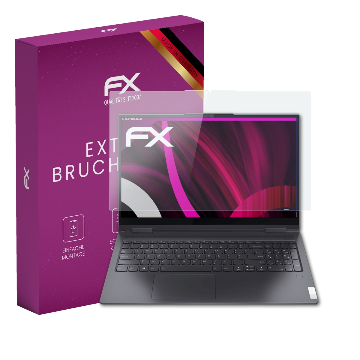 Laptop mit Displayschutz, lila Box, FX-Logo, Made in Germany. Bildschirm zeigt Pink und Lila.