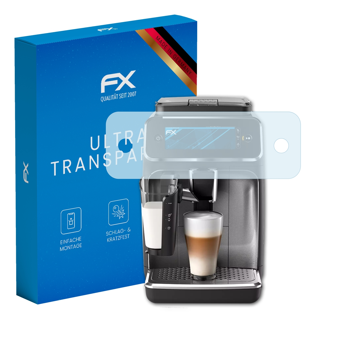 Kaffeemaschine mit Displayschutz und blauer Box mit 'FX'-Logo, ultra transparent.