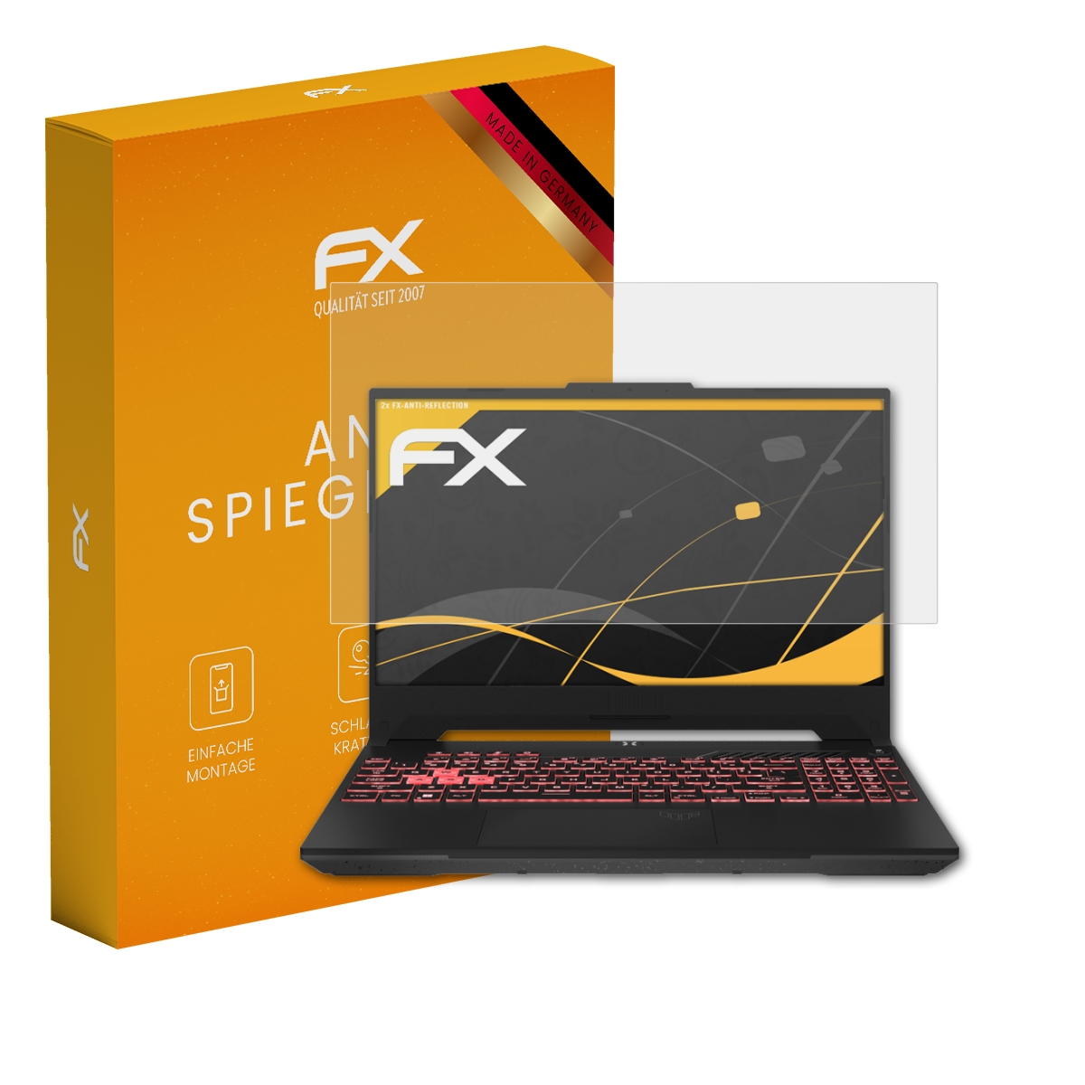 Laptop mit Displayschutzfolie der Marke FX. Box links.