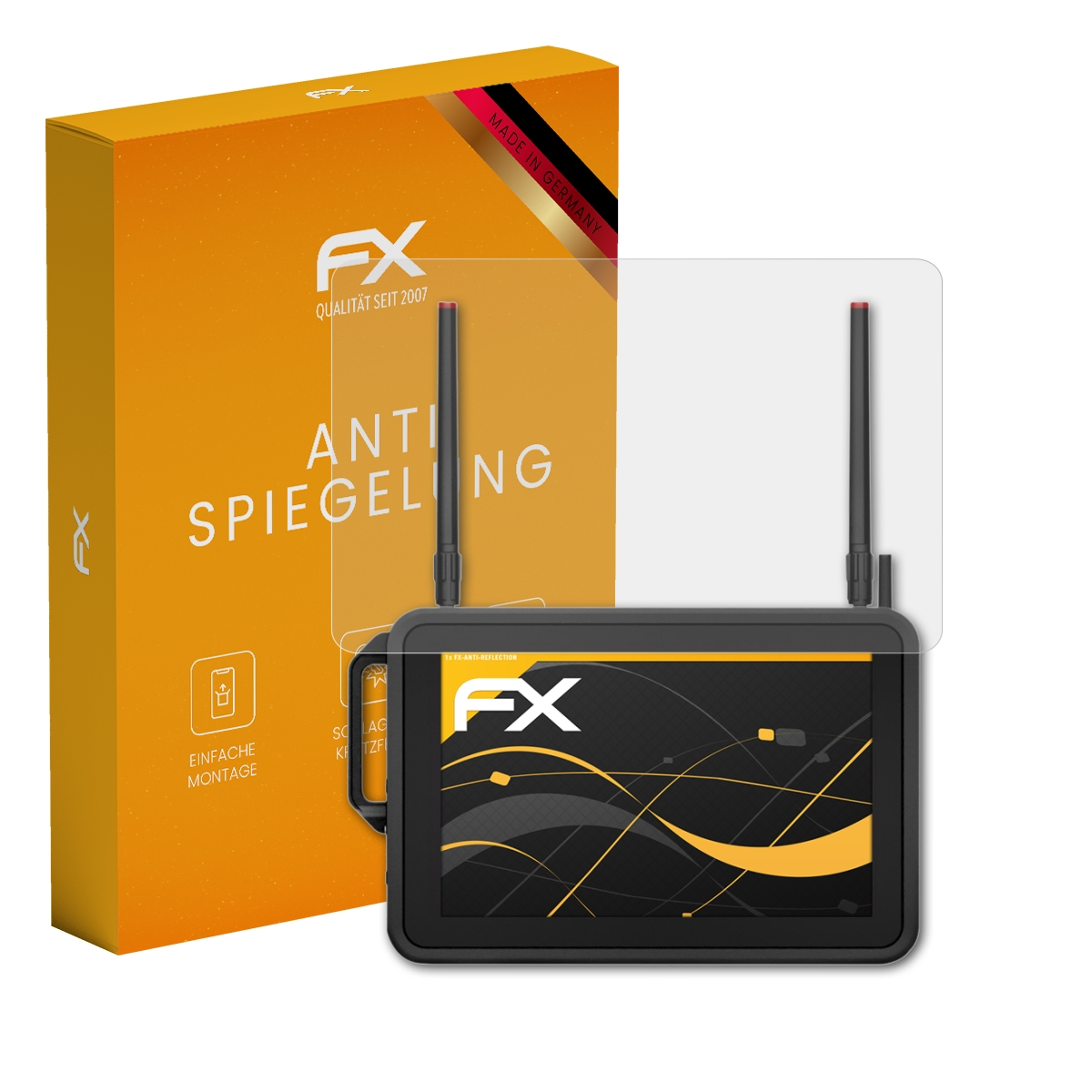 Ein Gerät mit Displayschutz und orangefarbener Box mit FX-Logo.