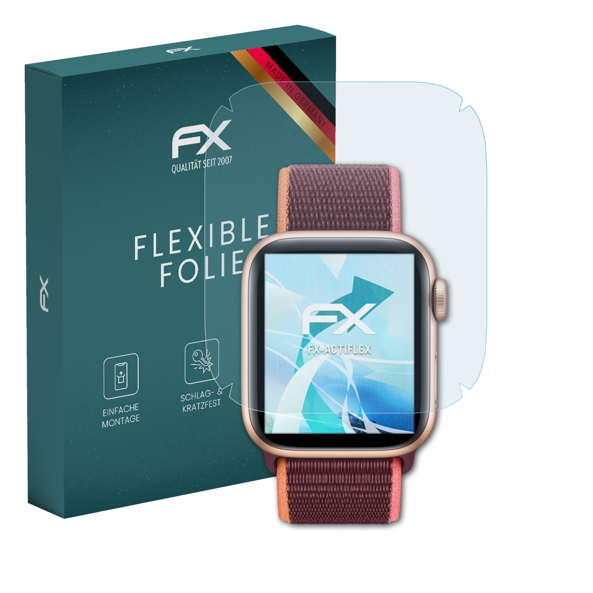 Smartwatch mit Displayschutz und Box. Grüne Box mit weißem Text und Logo.