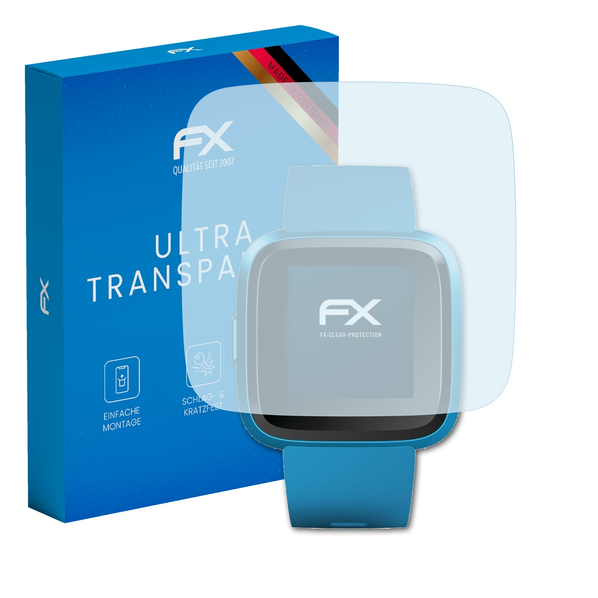 Blaue Box, Uhr und Displayschutz. Uhr ist blau mit schwarzem Bildschirm. Schutz ist klar.