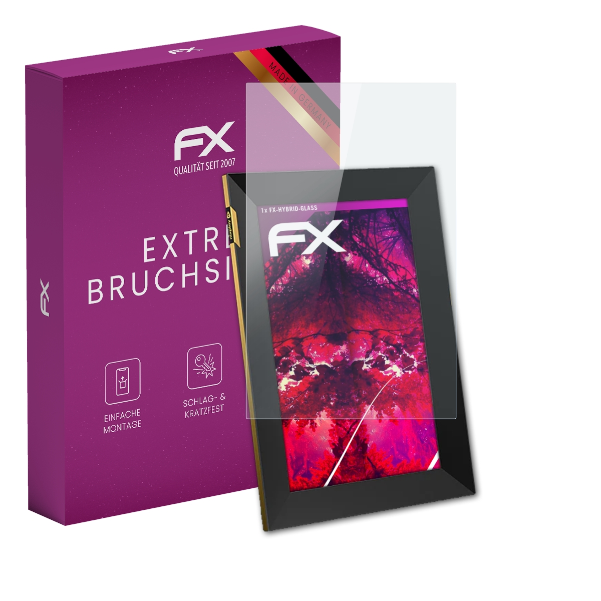 Schwarzer Rahmen mit Displayschutz und lila Box. Der Rahmen zeigt ein Bild. Box hat deutschen Text.