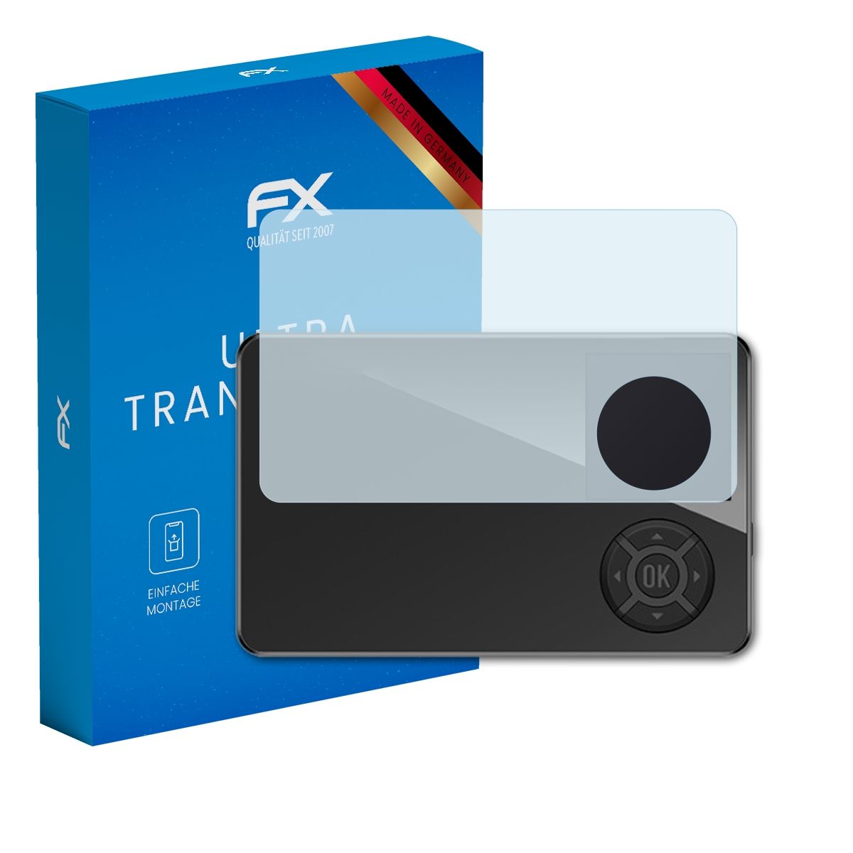 Gerät mit Displayschutz und Box. Box sagt 'Ultra Transpar' und 'FX'. Gerät hat schwarzen Bildschirm.