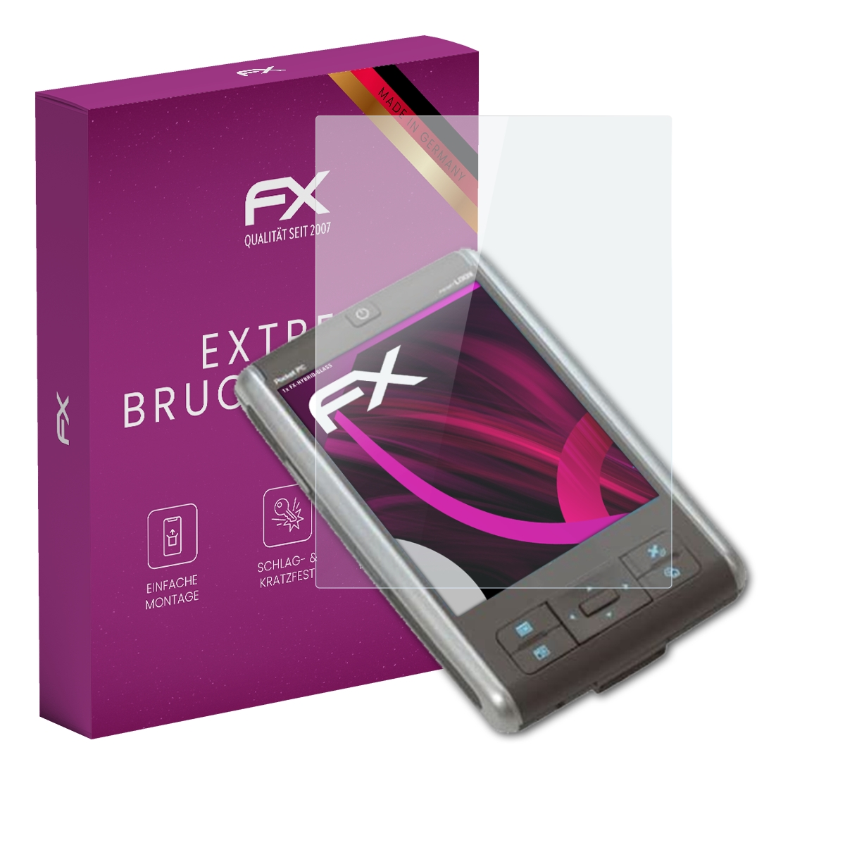 Telefon mit Displayschutz und Box. Box sagt 'Extre Bruc' und 'FX'. Telefon liegt auf dem Tisch.