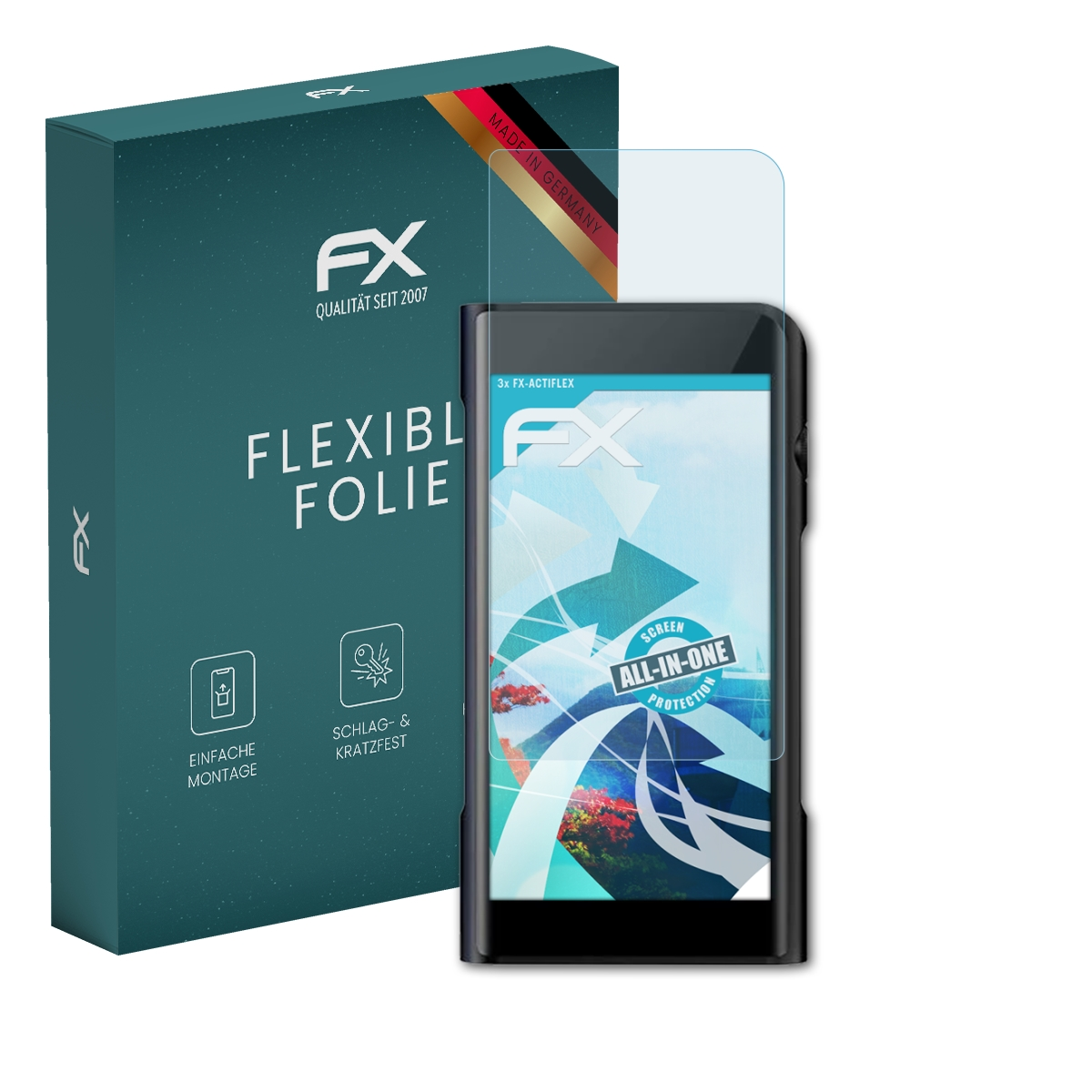 Ein MP3-Player mit Displayschutzfolie, eine Box mit 'FX' und 'FLEXIBL FOLIE'.