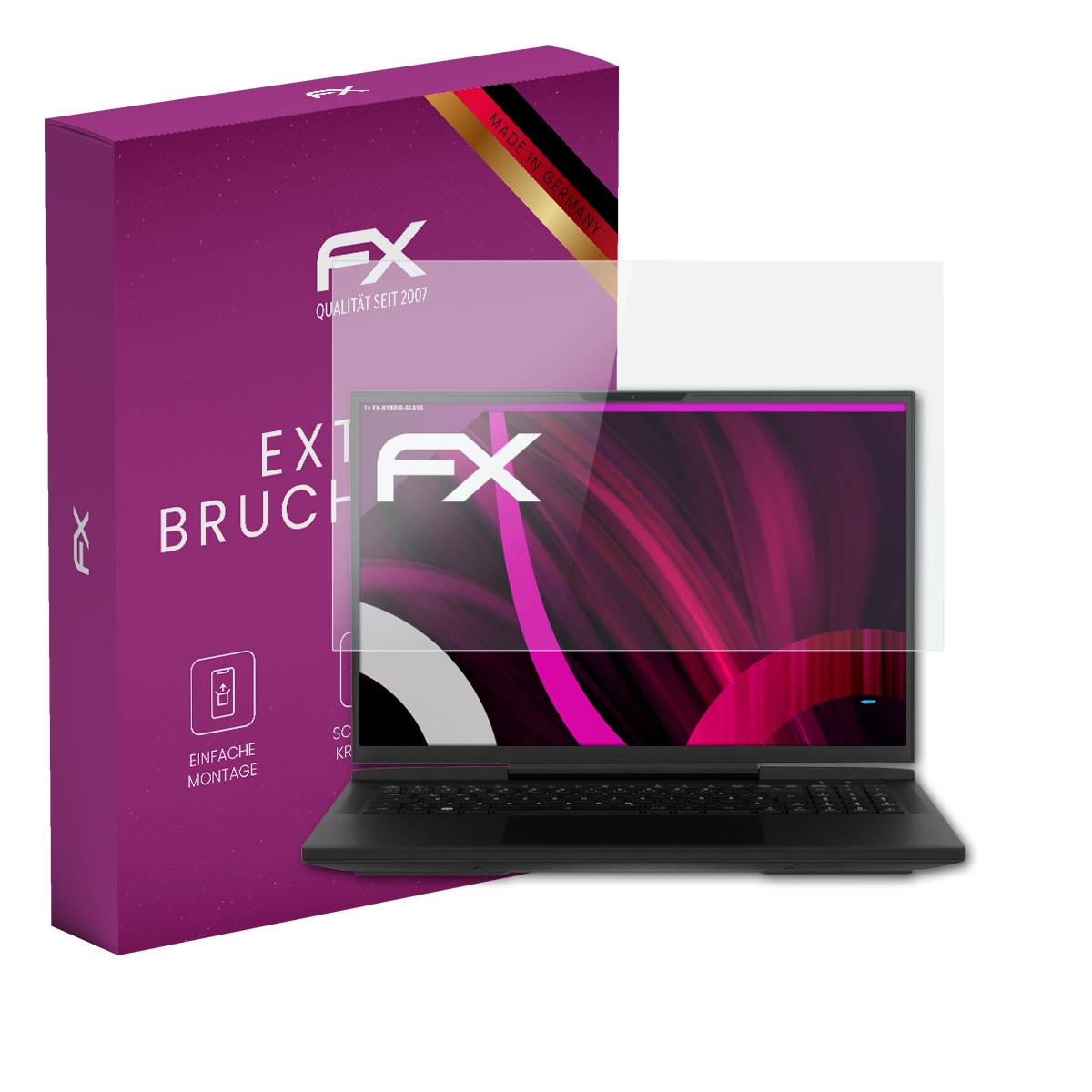 Ein Laptop mit Displayschutzfolie. Eine violette Box im Hintergrund.