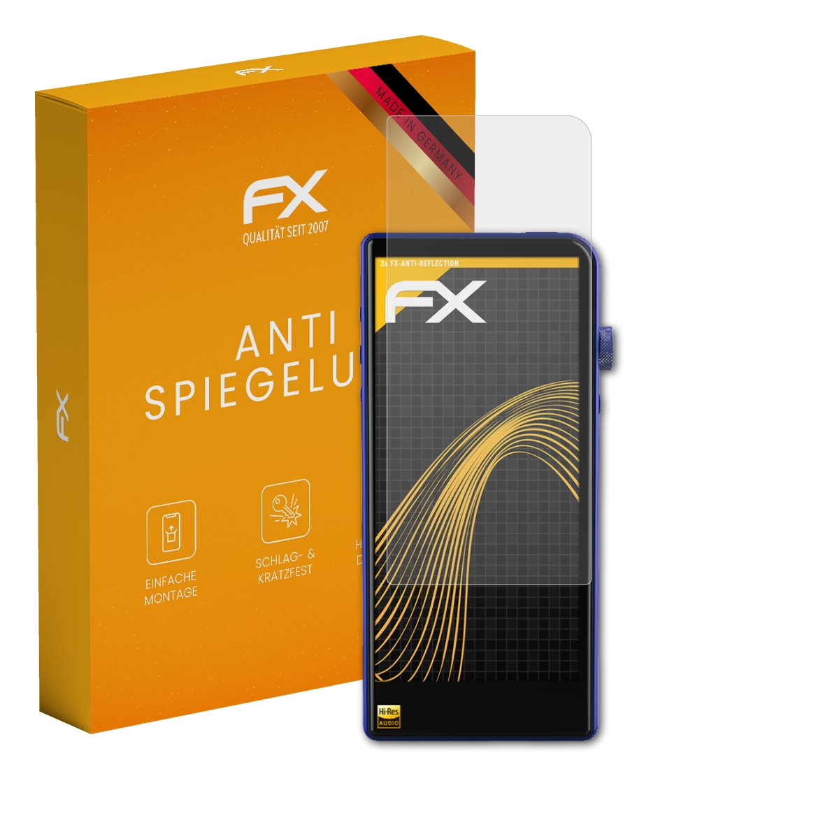 Telefon mit Displayschutzfolie, Box mit Text. Entspiegelnde Displayschutzfolie, Telefon auf Weiß.