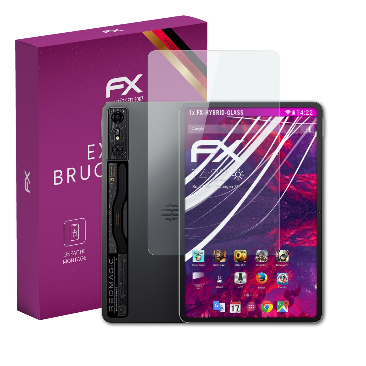 Tablet mit Displayschutz, lila Schachtel und Logo. Made in Germany. Extrem bruchsicher.