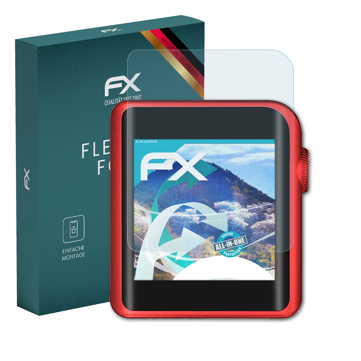 Eine rote Smartwatch mit Displayschutz und einer Box. Der Bildschirm zeigt eine Landschaft.