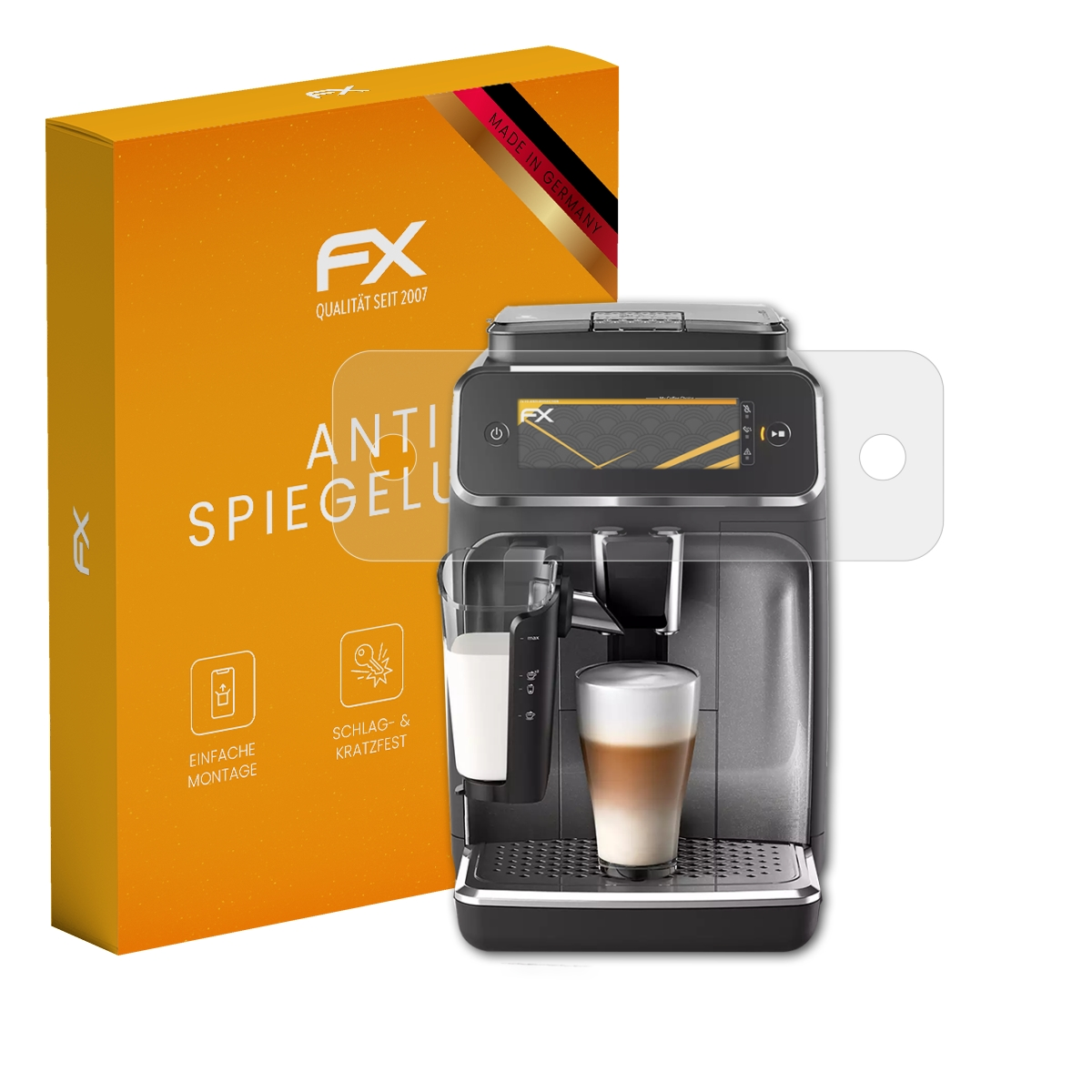 Kaffeemaschine mit Displayschutz und Box mit FX-Logo, Text und Symbolen. Made in Germany-Etikett.