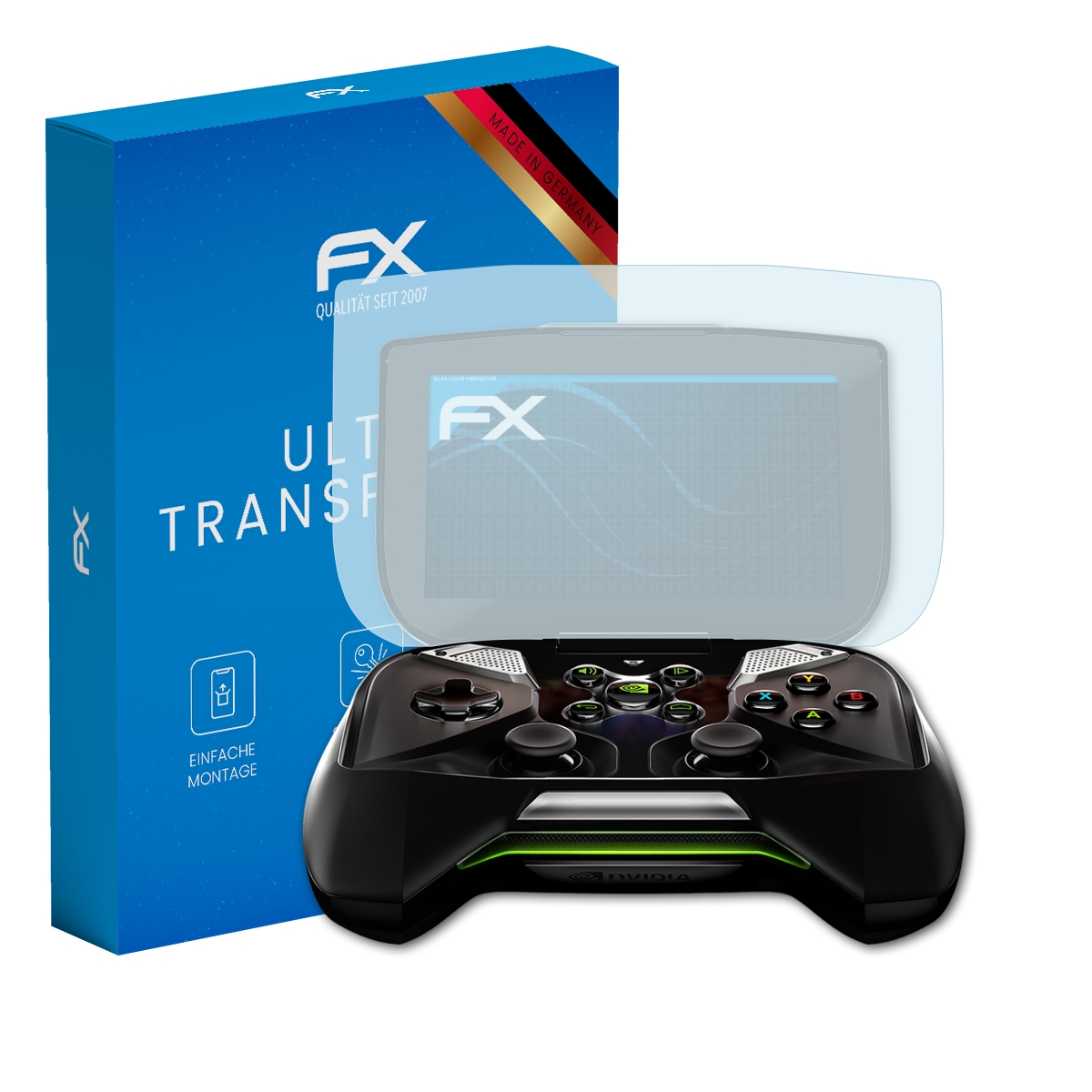 Ein schwarzer Gamecontroller mit Displayschutzfolie und eine blaue Box mit der Aufschrift FX.