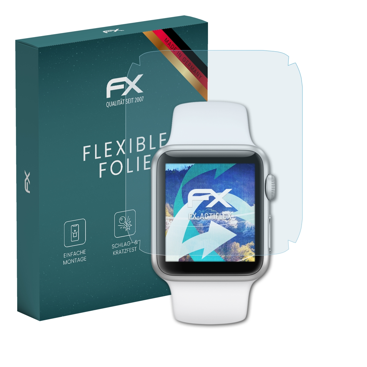 Smartwatch mit Displayschutz neben grüner Box. FX-Logo auf beiden. Made in Germany.