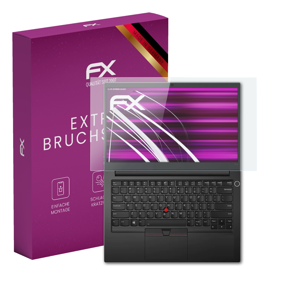 Laptop mit Displayschutzfolie und FX-Logo-Box. Der Bildschirm ist rosa und lila.