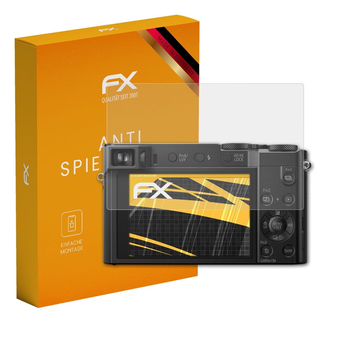 Schwarze Digitalkamera mit Displayschutzfolie und orangefarbener Box mit 'FX'-Logo. Text sagt 'ANTI-SPIEGELUNG'.