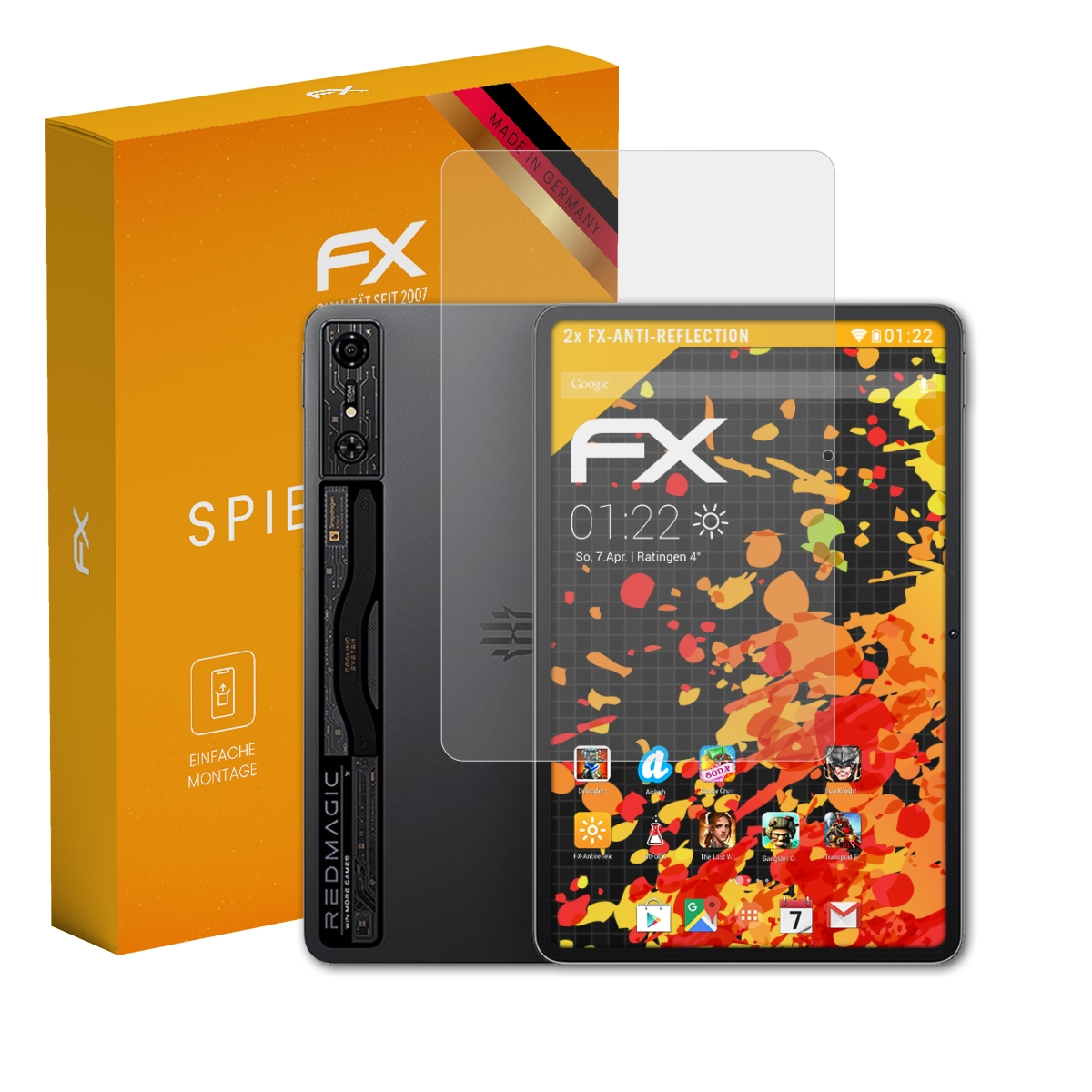 Tablet mit Displayschutz und orangefarbener Box mit Text. Made in Germany.