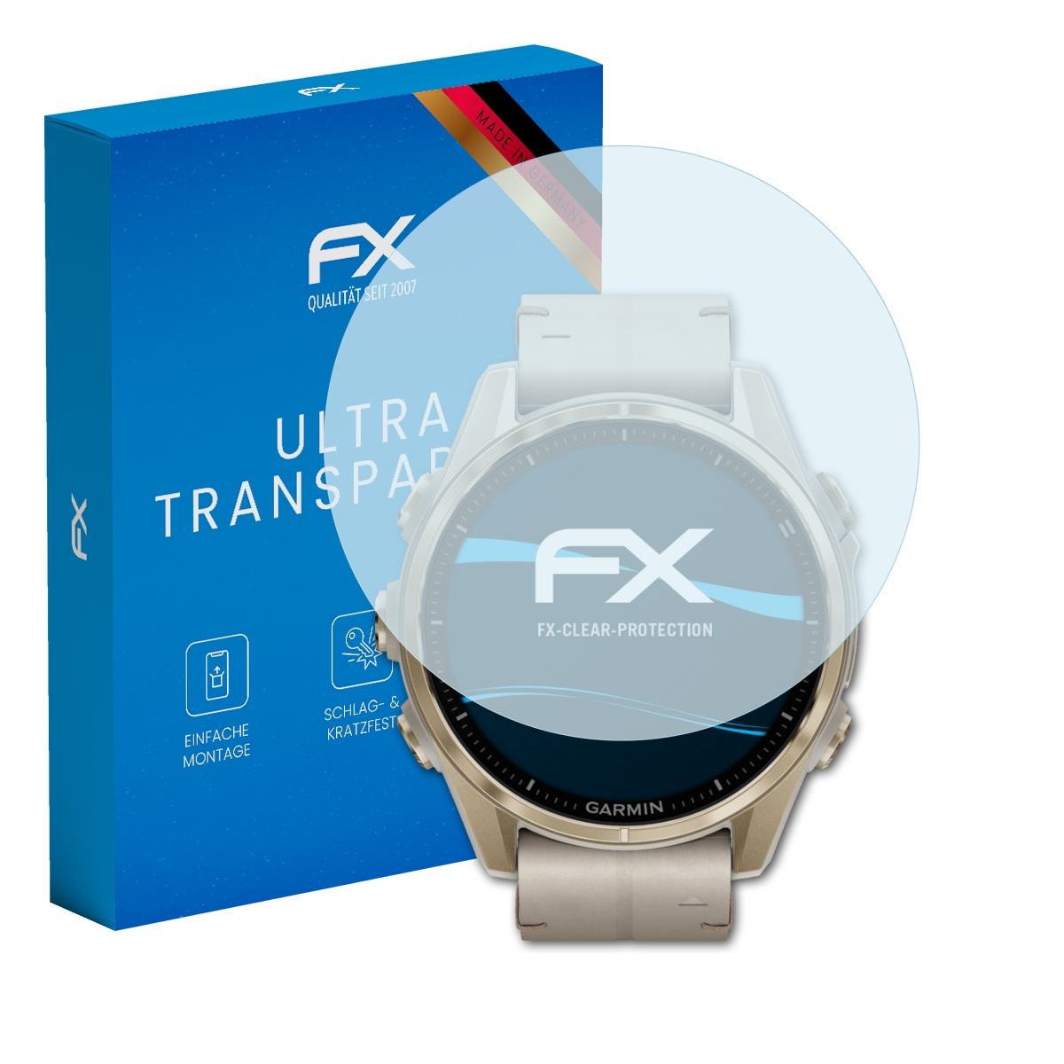 Eine Smartwatch und Displayschutzfolie mit Box. Die Smartwatch zeigt einen Bildschirm mit dem FX-Logo.