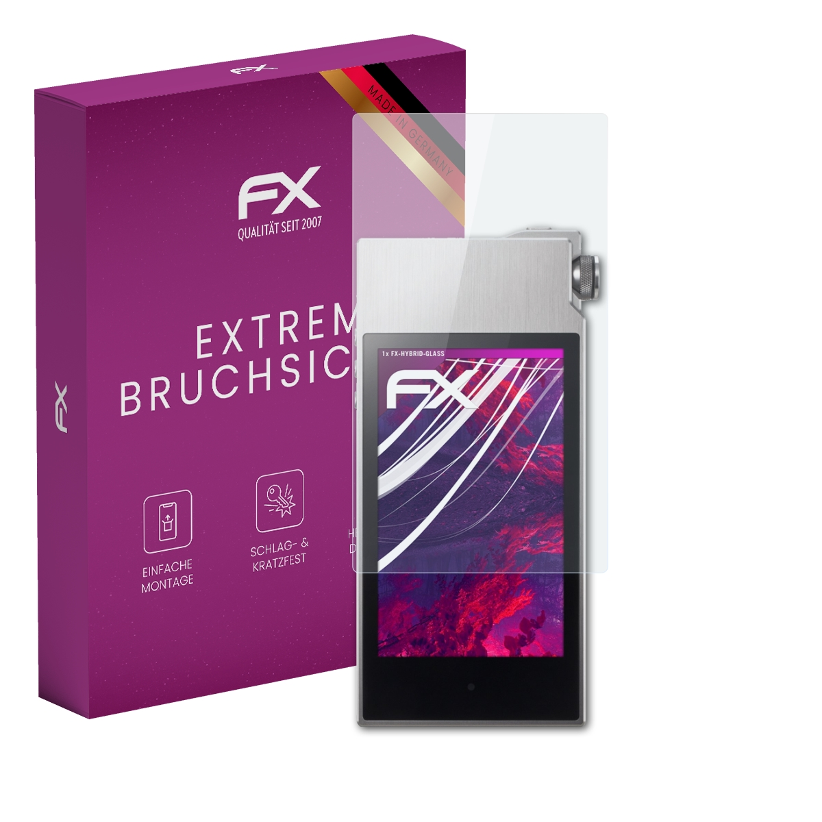 Eine lila Schachtel mit Displayschutzfolie und MP3-Player.