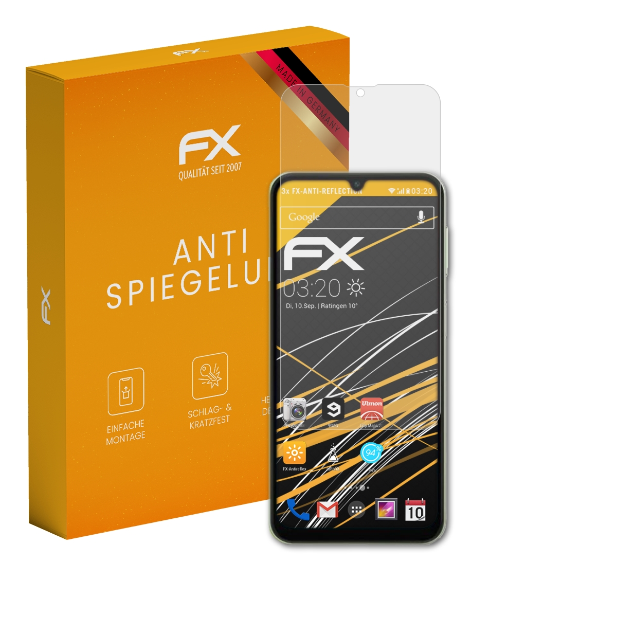 Ein Smartphone mit Displayschutzfolie neben der Box. Die Box ist orange und hat weißen Text.