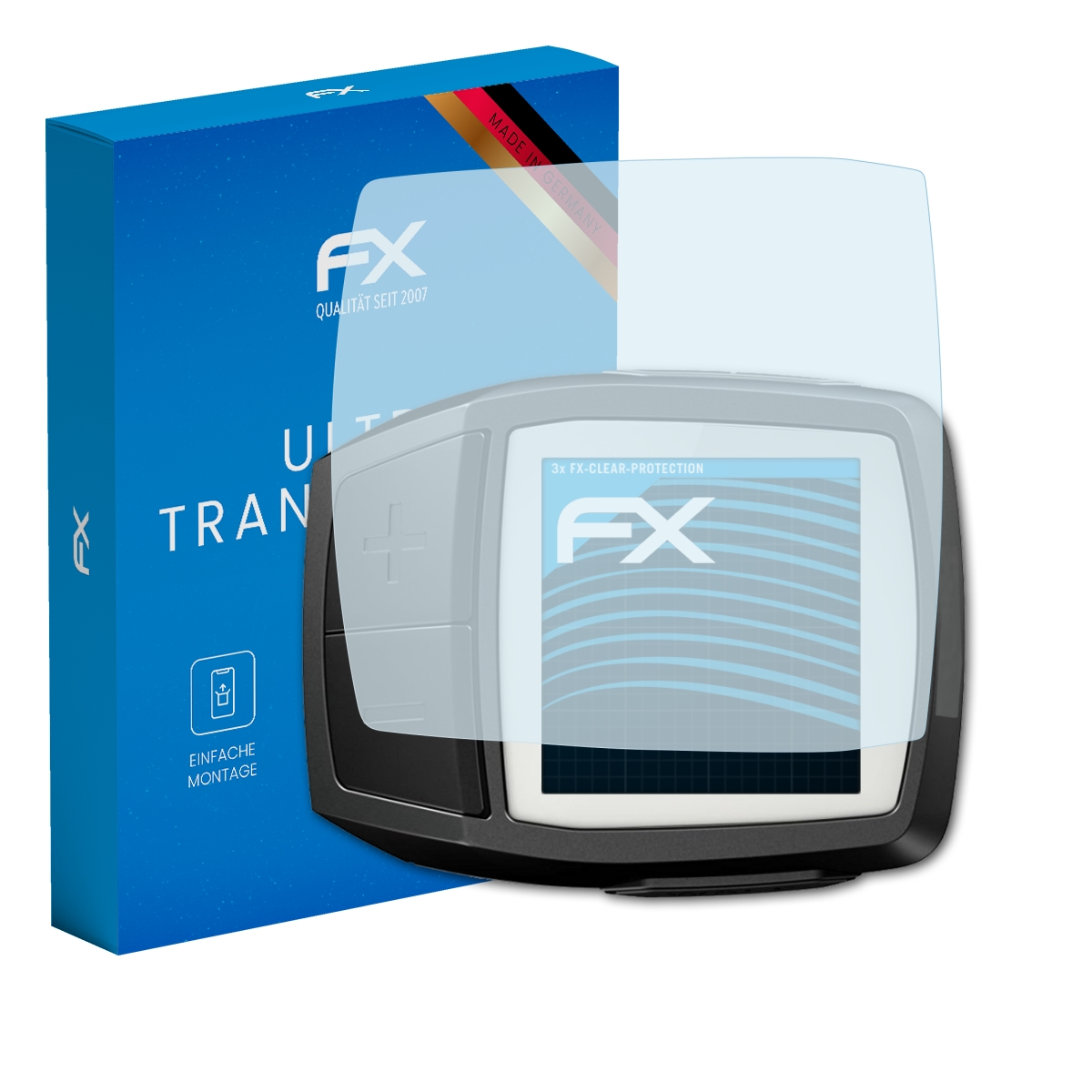 Ein schwarzes Gerät mit Displayschutzfolie, eine blaue Box mit der Aufschrift FX.