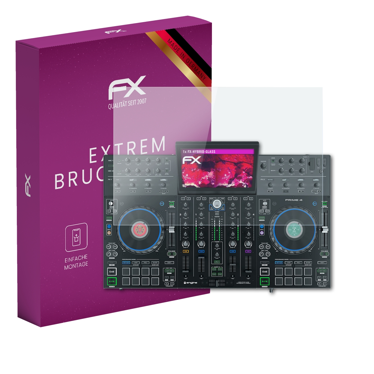 Ein DJ-Controller mit Displayschutzfolie und einer lila Box mit weißem Text.