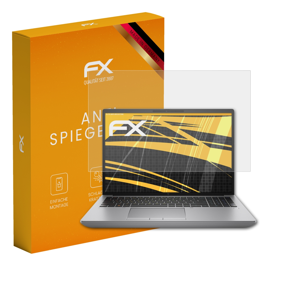 Ein Laptop, eine Displayschutzfolie und eine Box werden angezeigt. Die Displayschutzfolie befindet sich über dem Laptop-Bildschirm.