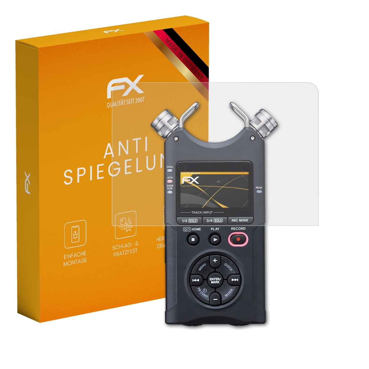Audiorecorder mit Schutzfolie. Box links. Der Bildschirm zeigt eine Wellenform.