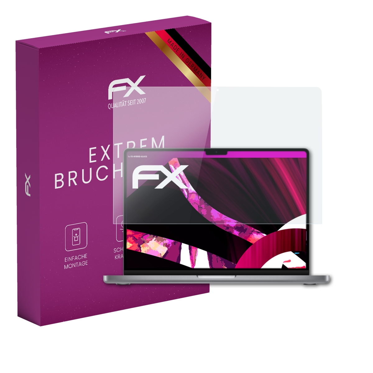 Laptop mit Displayschutz, Box mit Text und Logo. Hergestellt in Deutschland.