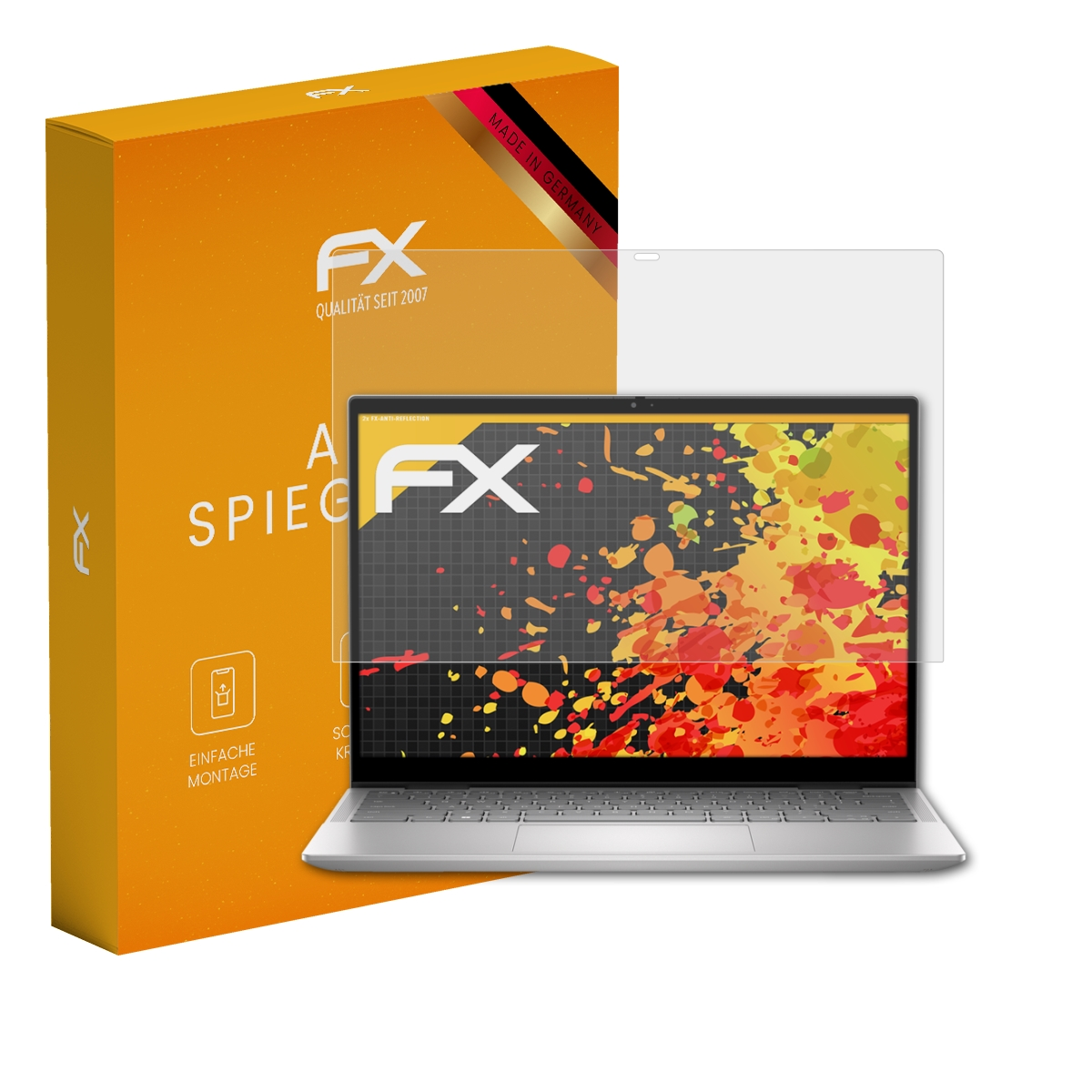 Laptop mit Displayschutzfolie neben einer orangefarbenen Box. Box hat FX-Logo & 'Made in Germany'.